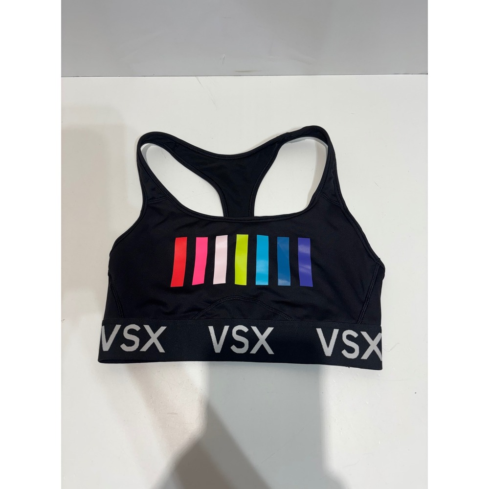 VSX Victoria's Secret Sports Bra Womens Small Black Rainbow Racerback Logo Band
